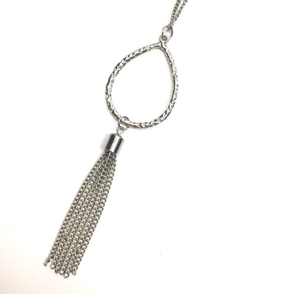 Silver Chain Necklace, Pounded Silver Drop, Tassel - Picture 2 of 9